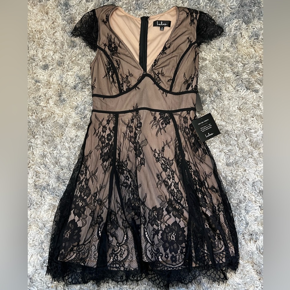 Tan and Black Lace Lulu’s Cocktail Dress - S